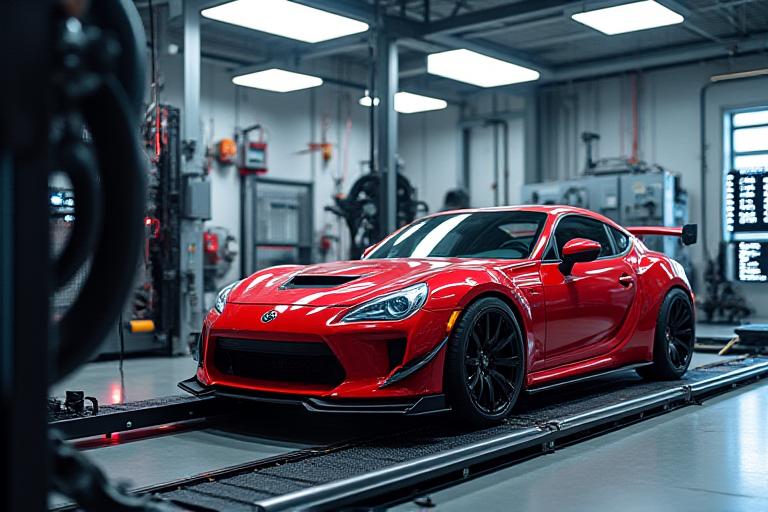 A sports car strapped to a rolling road dyno with fans blowing